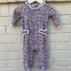Girls Floral Pink Long-Sleeve Ruffle Trim Pajama One-Piece